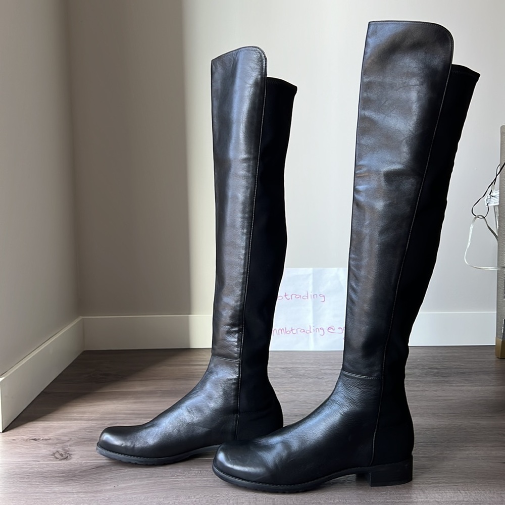 🇺🇸1️⃣Stuart Weitzman made in Spain 11M leather elasticized fabric knee hi boots